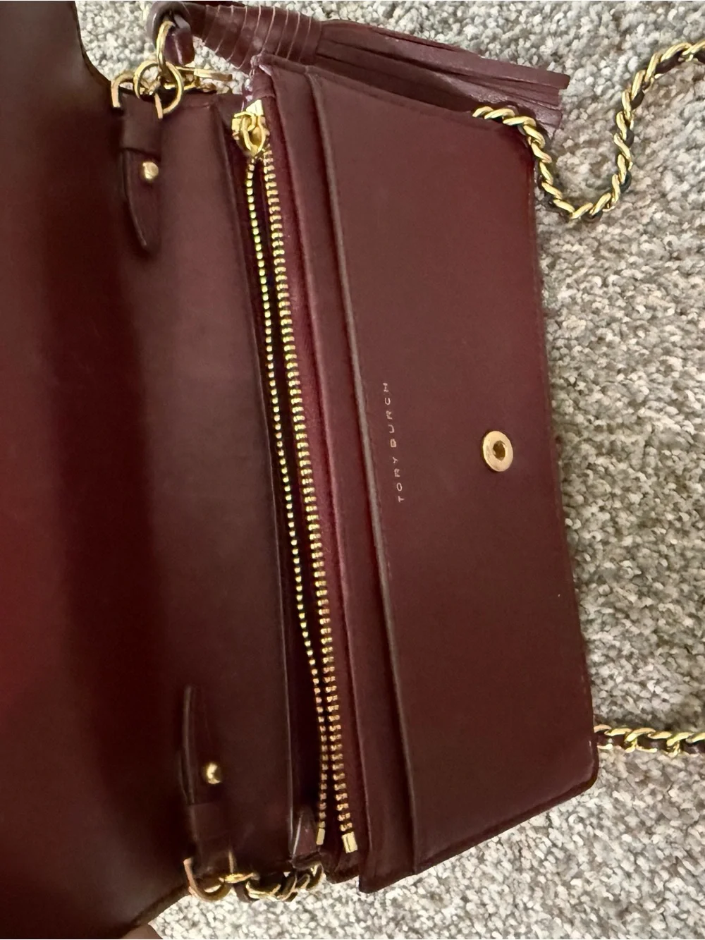 Tory Burch Fleming burgundy quilted leather wallet crossbody